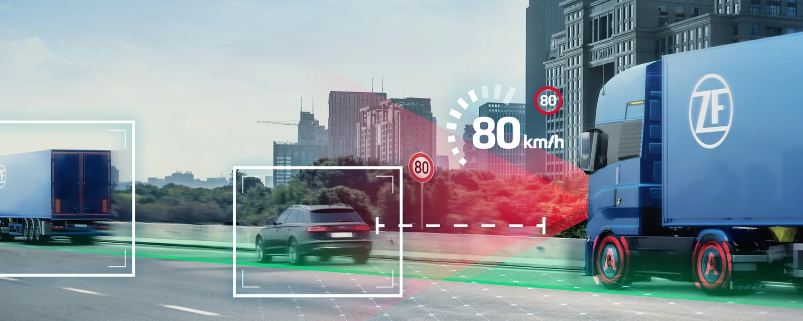 A truck forward collision system detecting a vehicle ahead and displaying an 80 km/h speed warning