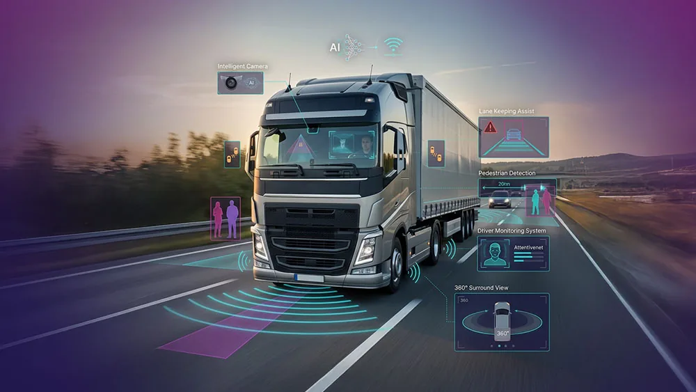Diagram of a truck sensor suite covering intelligent camera, lane keeping, pedestrian detection, driver monitoring and 360 surround view